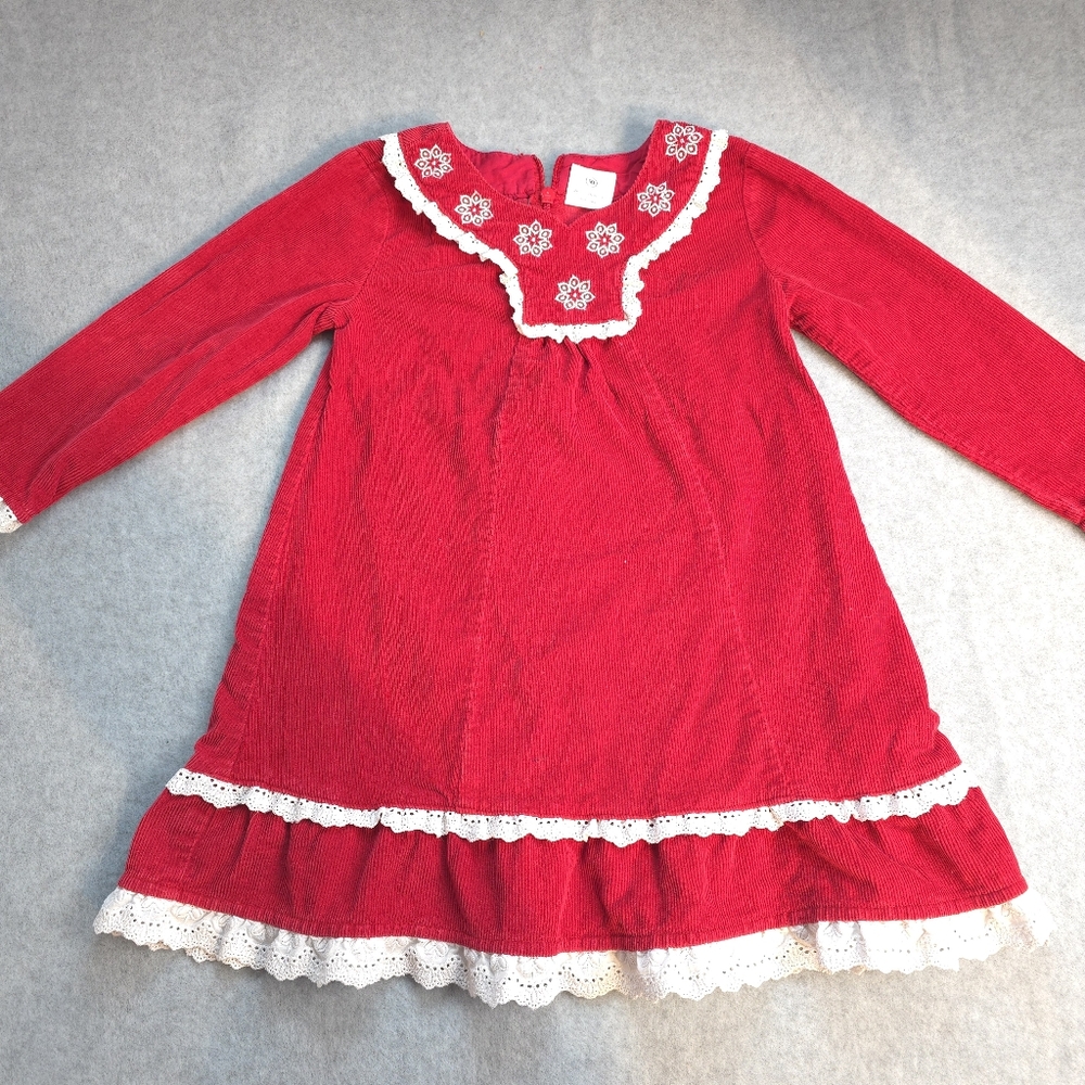 Hanna Andersson Girls Red Corduroy Dress with Eyelet Lace Trim